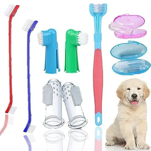 Produktbild: QeeHeng Haustier-Zahnbürsten-Set, 9-teiliges Hunde-Fingerzahnbürste, 360-Grad-Zahnbürste zur bequemen Reinigung der Zähne von Haustieren, Entfernung von Mundgeruch, Zahnstein, Reinigungsbürsten für