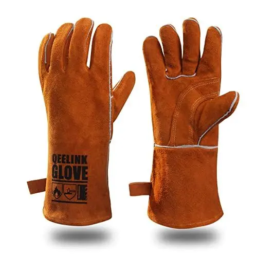 Produktbild: QeeLink Schweißhandschuhe, hitze- und verschleißfest, gefüttert, Leder, feuerfeste Nähte, für Schweißer/Kamine/Grill/Gartenarbeit