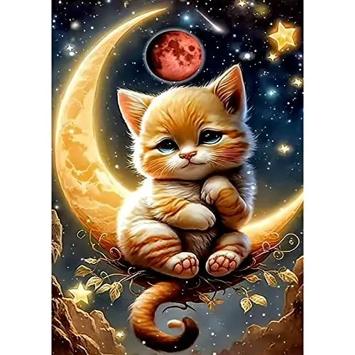 Produktbild: QENSPE 5D Diamond Painting Kätzchen Diamant Painting Bilder Mond und Sterne Diamond Art Erwachsene Full DIY Diamant Kunst Malerei Stickerei Set Kreuzstich Bilder Home Wand Dekor 30x40cm