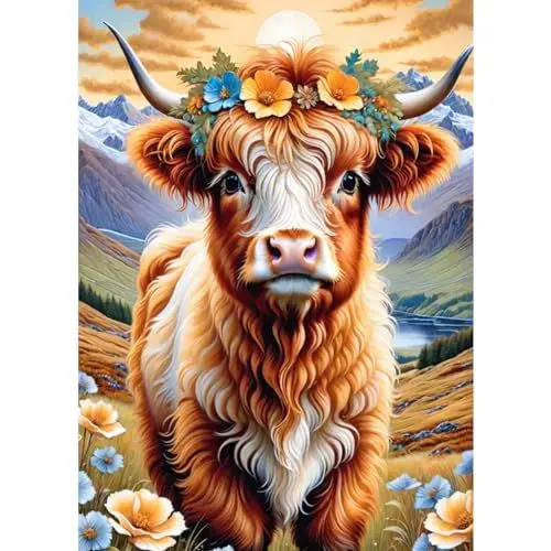 Produktbild: QENSPE 5D Diamond Painting Kit für Erwachsene, Hochland Kuh Diamant Kunst Set Komplett, DIY Diamant Malerei Blume Set Anfänger Kristall Stickerei Set, Heim Wand Dekor Geschenk, 30x40 cm