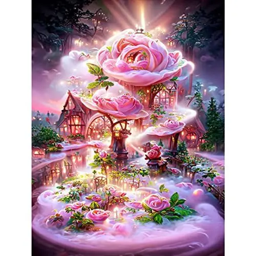 Produktbild: QENSPE 5D Diamond Painting Rosa Schloss Diamant Painting Bilder Blumen Diamond Painting Erwachsene Fantasie Full Diamant Bilder Malerei Stickerei Set Kreuzstich Bilder Home Wand Dekor 30x40cm