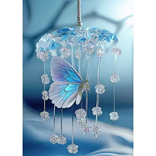 Produktbild: QENSPE Diamond Painting Erwachsene Speziell Windspiel Geformt Diamant Bilder 5D Diamond Painting Kristall Blaue Schmetterlinge Bilder Malerei Set Stickerei Kreuzstich Bilder Home Wand Dekor 30x40cm