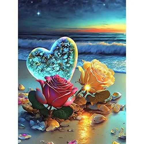 Produktbild: QENSPE Diamond Painting Rosen Herz 5D Diamant Painting Bilder Strand Diamond Art Erwachsene Full DIY Diamant Kunst Malerei Stickerei Set Kreuzstich Bilder Home Wand Dekor 30x40cm