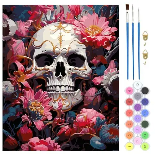 Produktbild: QENSPE Malen Nach Zahlen Set Totenkopf, Blume Malen Nach Zahlen für Erwachsene, DIY Paint by Numbers für Anfänger mit Pinseln, Wand Kunst Dekor Geschenke 40x50cm, Rahmenlos