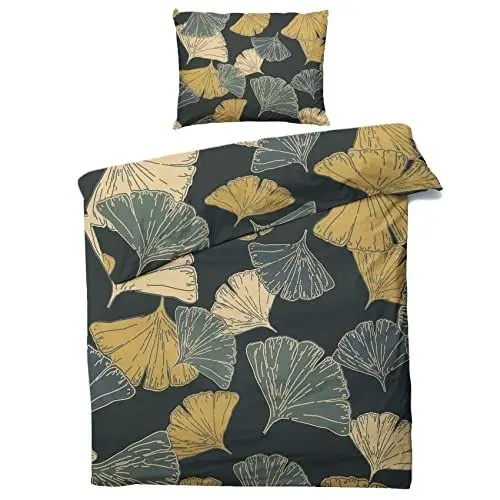 Produktbild: QEODAH Winter Bettwäsche 135x200 Ginkgo - Ginkgoblatt Bettbezug 135 x 200 2er Set - Wendebettwäsche & Kissenbezug 80x80 cm - Weiche Mikrofaser Bettwäsche-Sets mit Reißverschluss