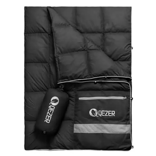Produktbild: QEZER Daunen Campingdecke, ultraleichte Reisedecke für Outdoor und Indoor Camping, Wandern, Autoreisen, Flugreisen, Garten,Hängematte,kann als Kissen verwendet Werden (Schwarz)