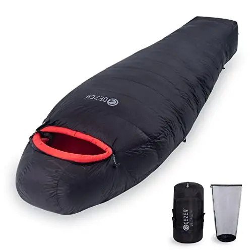 Produktbild: QEZER Daunenschlafsack,Leichter Winter Schlafsack Outdoor 2°C bis -10°C Wärmer Mumienschlafsack für 4 Jahreszeiten Camping,Trekking,Wandern mit 660 FP Premium Daune (Schwarz, XL)