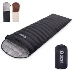 Produktbild: QEZER Daunenschlafsack Ultraleicht Schlafsack Sommer kleines Packmaß für Camping, Trekking und Wandern 2~3 Jahreszeiten 600 FP (Schwarz)