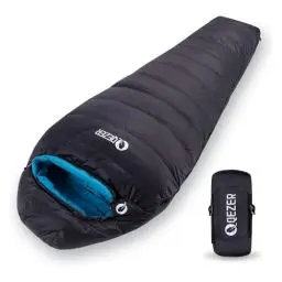 Produktbild: QEZER Daunenschlafsack Warmer Leichter Schlafsack kleines Packmaß 5°C bis -8°C Daunen Schlafsack 4 Jahreszeiten für Camping,Wandern und Trekking (Schwarz 5°C)