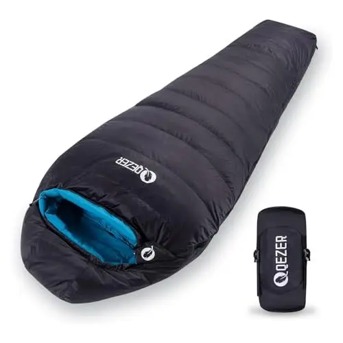 Produktbild: QEZER Daunenschlafsack Warmer Leichter Schlafsack kleines Packmaß 5°C bis -8°C Daunen Schlafsack 4 Jahreszeiten für Camping,Wandern und Trekking (Schwarz 5°C)