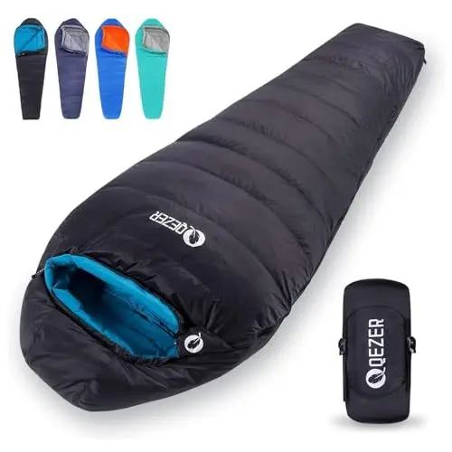 Produktbild: QEZER Daunenschlafsack Winter Schlafsack Outdoor 5°C bis -20°C Daunen Schlafsack 4 Jahreszeiten für Camping,Wandern und Trekking (Black-UK)