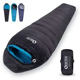 Produktbild: QEZER Daunenschlafsack Winter Schlafsack Outdoor 0°C bis -12°C Daunen Schlafsack(1590 g) 4 Jahreszeiten für Camping,Wandern und Trekking (Schwarz 0°C)（Rechter Reißverschluss）