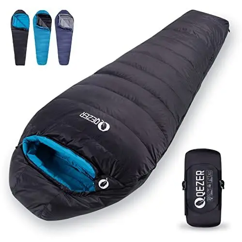 Produktbild: QEZER Daunenschlafsack Winter Schlafsack Outdoor 0°C bis -12°C Daunen Schlafsack(1590 g) 4 Jahreszeiten für Camping,Wandern und Trekking (Schwarz 0°C)（Rechter Reißverschluss）