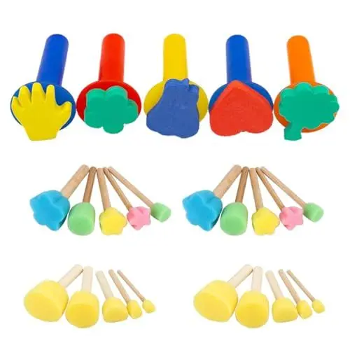 Produktbild: QHFlashbuy 25 Stück Kind Schwaemme Pinsel,Pinselset aus Schaumstoff,Malerei Schwaemme Pinsel,Schwammpinsel mit Holzgriff für DIY Malerei,Graffiti,Wasserfarbe,Kindermalerei (5 Größen)