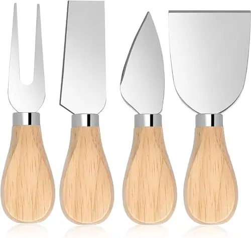 Produktbild: QHFlashbuy Käsemesserset Set,4 Stück Käsemesser mit Holzgriff,Tortenmesser Edelstahl Buttermesser,Butterschneider für Kuchen-Dessert-Käsesalat 12CM