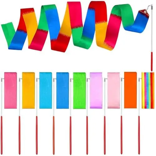 Produktbild: QHFlashbuy Tanzbänder 10 Stück Gymnastikband mit Stab,2 Meter Rhythmische Sportgymnastik Band,Tanzen Streamer Dance Ribbons Tanzen Streamer für Kinder Training