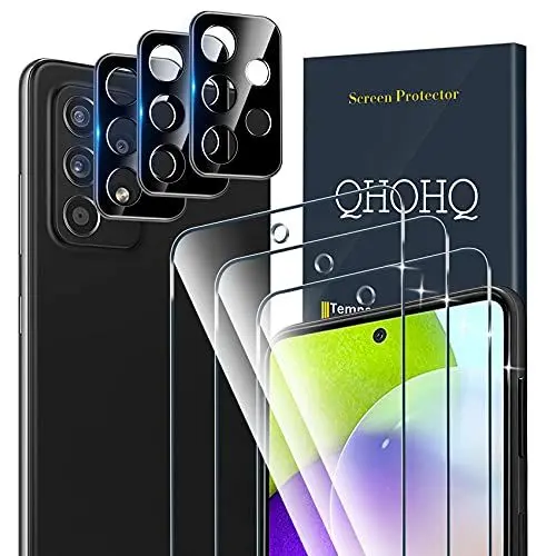 Produktbild: QHOHQ 3 Stück Panzer Schutz Glas für Samsung Galaxy A52 4G / A52 5G / A52S 5G mit 3 Stück Kamera Panzer folie, 9H Härte, Ultra-HD Displayschutzfolie, Anti-Kratz, Anti-Blasenfrei, Einfach Install