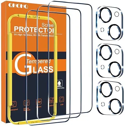 Produktbild: QHOHQ 3 Stück Panzer Schutz Glas für iPhone 15 (6,1 Zoll) mit 3 Stück Kameraschutz, 9H Härte Schutzfolie, Ultra-Klar Displayschutzfolie, Anti-Kratzer, Bläschenfrei