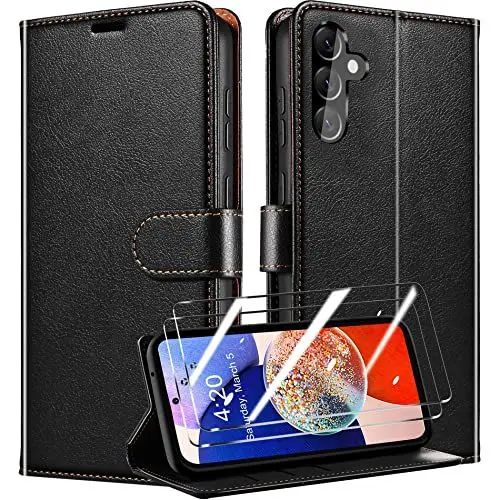 Produktbild: QHOHQ Handyhülle für Samsung Galaxy A14 4G/5G Hülle mit 2 Stück Panzer Schutz Glas, Premium Leder Schutzhülle, (RFID Sperrung Schutz), Magnetische Schnalle, Multifunktional, Stoßfest - Schwarz
