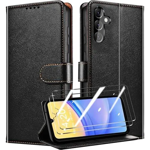 Produktbild: QHOHQ Handyhülle für Samsung Galaxy A15 4G/5G Hülle mit 2 X Panzer Schutz Glas, Premium Leder Schutzhülle, (RFID Sperrung Schutz), Magnetische Schnalle, Multifunktional, Stoßfest (Klassiker) - Schwarz