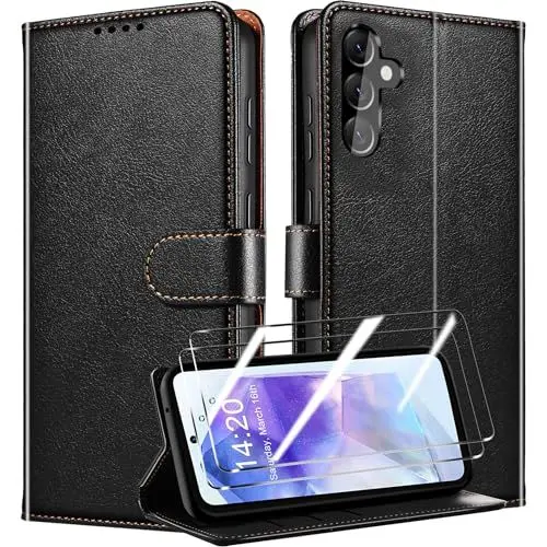 Produktbild: QHOHQ Handyhülle für Samsung Galaxy A55 5G Hülle mit 2 X Panzer Schutz Glas, Premium Leder Schutzhülle, (RFID Sperrung Schutz), Magnetische Schnalle, Multifunktional, Stoßfest (Klassiker) - Schwarz