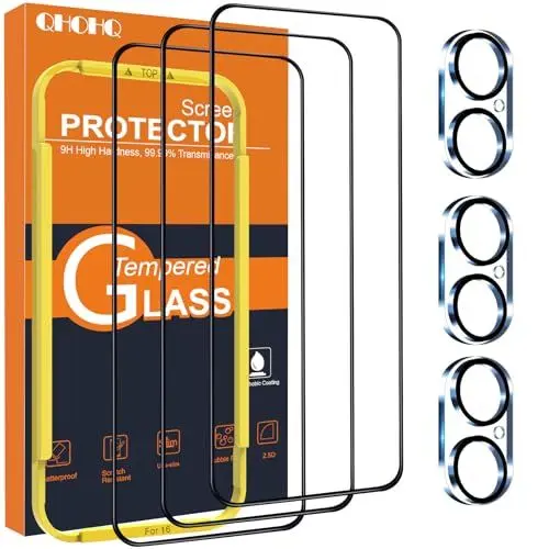 Produktbild: QHOHQ für iPhone 16 für Panzerglas mit Kamera Schutzfolie, Militärstandard Schutz, (Full Screen), Ultra Top 9H+ Glas Folie, Anti-Fingerabdruck, Anti-Kratzer, mit Installationshilfe (3+3 Stück)