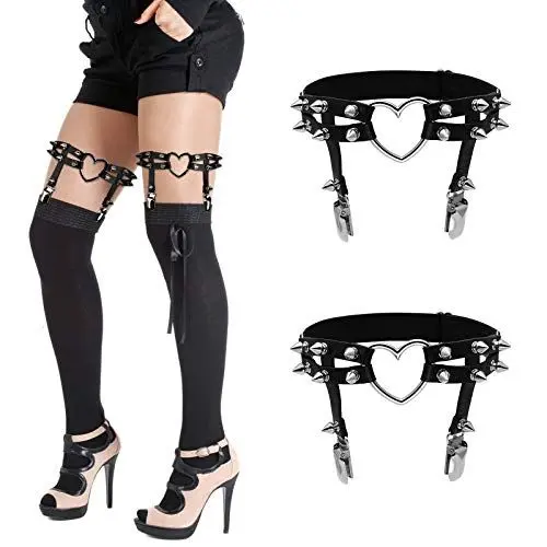 Produktbild: QH-Shop Leder Strumpfband Gothic Bein Harness Damen Verstellbares Punk Oberschenkel Ring Gürtel mit Metall Clip Schwarz 2 Stück