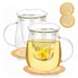 Produktbild: QHYK 2 Stück 500ml GlasTeetasse, Tasse mit Glas Filterbecher und Deckel aus Glas, mit Elegant PVC-Küstenfahrer, Teetasse geeignet für Schwarzer Tee, Getränke, Eiskaffee, Teebeutel