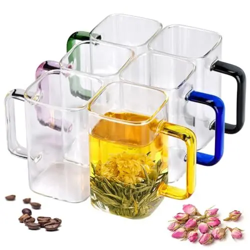 Produktbild: QHYK Kaffeegläser Transparente, 6er 300mL Kaffeetassen mit Farbigen Henkel, Quadrat Einzigartiges Design Gläser, passend für Tee, Getränke, Cappuccino, Hochzeiten und Partei