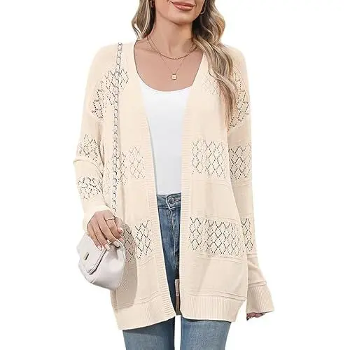 Produktbild: QIANSIQIANBO Strickjacke Damen Leichte Offener Front Weiche Sommer Strickjacken Langarm Boho Casual Häkeln Strickpullover (L) Aprikose
