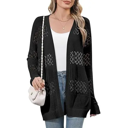 Produktbild: QIANSIQIANBO Strickjacke Damen Leichte Offener Front Weiche Sommer Strickjacken Langarm Boho Casual Häkeln Strickpullover (L) Schwarz