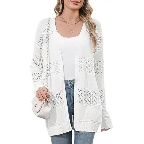 Produktbild: QIANSIQIANBO Strickjacke Damen Leichte Offener Front Weiche Sommer Strickjacken Langarm Boho Casual Häkeln Strickpullover (L) Weiß