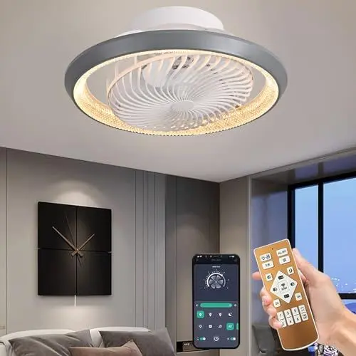 Produktbild: Qiaomao LED Deckenleuchte mit Ventilator, Moderne 360° Drehung Deckenventilatoren mit Beleuchtung, App Fernbedienung, 72W Dimmbar Timer Lampe mit Ventilator für Schlafzimmer Licht Ventilator Grau 49cm