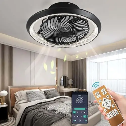 Produktbild: Qiaomao Ventilator Deckenleuchte 49cm, Moderne 360° Drehung Deckenventilator mit Beleuchtung und Fernbedienung App Ganz in Schwarz, 72W Dimmbar Timer Leise Deckenlampe mit Ventilator Schlafzimmer