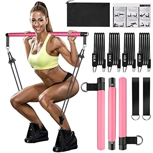 Produktbild: Qicool Pilates bar kit,Pilates Stangen Übungsstock Set mit 4 Widerstandsbändern-2x30lbs,2x40lbs,Tragetasche,Trainings-Widerstandsbänder mit Fußschlaufe für Beine,Hüfte,Taille und Arm (Rosa)