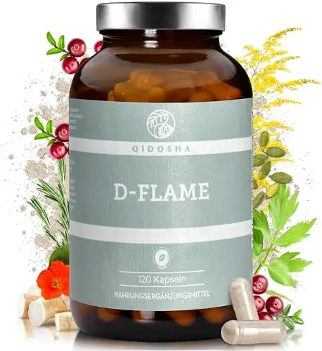 Produktbild: QIDOSHA® D-FLAME Blasen-Komplex ² mit D-Mannose, Cranberry, Kapuzinerkresse, Kürbiskern, Liebstöckel, Meerrettich, Rosmarin, Goldrutenkraut, L-Methionin & Zink plus Vitamin A & D3, Vitamine Blase