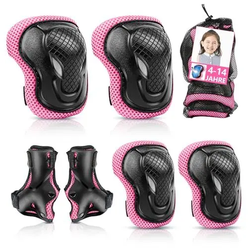Produktbild: QIFENGL Knieschoner Kinder, 6 in 1 Profi Knieschoner Kinder, Protektoren Set Verstellbar Knieschoner, Ellenbogenschoner und Handgelenkschoner für Multisport Inliner Fahren (robust und sicher)