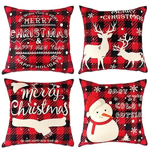 Produktbild: QIFU Rot Kissenbezug Weihnachten 45x45, 4Pcs Rot Schwarz Weihnachtskissenbezug, Xmas Kissenbezüge Weihnachten Design Yeti Rentier Kissenhülle Weihnachten Für Weihnachtsdeko Innen, Xmas Dekorationen