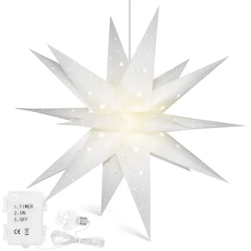 Produktbild: Qijieda 3D Weihnachtsstern Beleuchtet Außen Batterie mit Timer - 58cm led Weihnachtsstern für Fenster, Adventsstern Stern Zum Dekorieren von Innenhof, Balkon Und Garten (White)