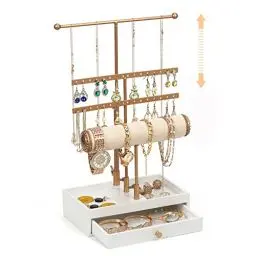 Produktbild: QILICZ Schmuckständer Gold,T-Form Ohrringständer Uhrenständer,Höhenverstellbar Kettenständer mit Schubladen Schmuckaufbewahrung,Schmuck Organizers für Schminktisch organizer,Deko aesthetic