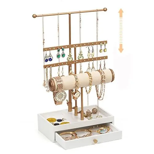 Produktbild: QILICZ Schmuckständer Gold,T-Form Ohrringständer Uhrenständer,Höhenverstellbar Kettenständer mit Schubladen Schmuckaufbewahrung,Schmuck Organizers für Schminktisch organizer,Deko aesthetic