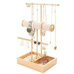 Produktbild: QILICZ Schmuckständer Gold T-Form Schmuckhalter Kettenhalter - 3 Stäben Schmuckbaum Kettenständer Uhrenständer Ohrringhalter Schmuckaufbewahrung für Ketten,Ohrringe,Armbänder,Ringe,Uhren