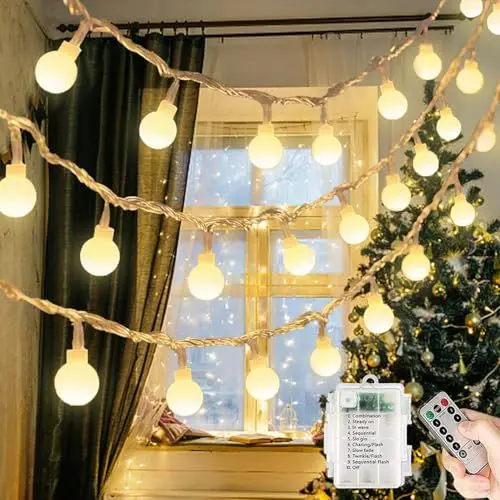 Produktbild: Qillnyy lichterkette Batterie Außen/Innen, 60 LED 8 Modi 7M Lichterkette Kugel mit Fernbedienung Wasserdicht weihnachtsbeleuchtung für Weihnachten, Balkon, Party,Terrasse(Warmweiß)