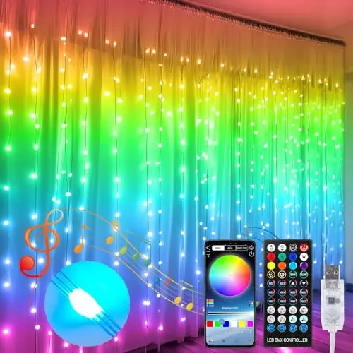 Produktbild: QINER Vorhang Lichter, 3x3m 300LED Farbwechsel Lichterkette Kinderzimmer mit 16 Mio. Farben, APP, Sync mit Musik Lichterkettenorhang Bunt füR Festliche Party Innen und außen Deko