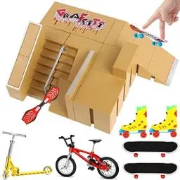Produktbild: QINIFIFY 5PCS Skatepark Kit Rampenteile Finger Skateboard Rampe Set mit 2 Finger Skateboards, 1 Finger Fahrrad, 1 Finger Roller, 1 Finger Schaukelbretter und 1 Paar Fingerschlittschuhe