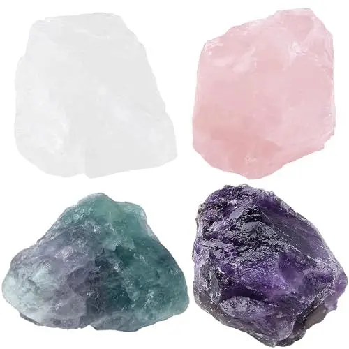 Produktbild: QINJIEJIE 100% Großes Amethyst Rosenquarz Premium Wassersteine Grundmischung Steine 4 Stück Natursteine Heilsteine set Naturbelassene Kristalle Rohsteine 4.5-5 cm