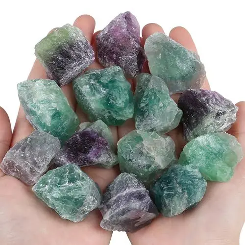 Produktbild: QINJIEJIE Fluorit Rohsteine Premium Kristalle Edelsteine Fluorit Stein Heilsteine Natursteine 100% Raw Kristall Steine (200g)