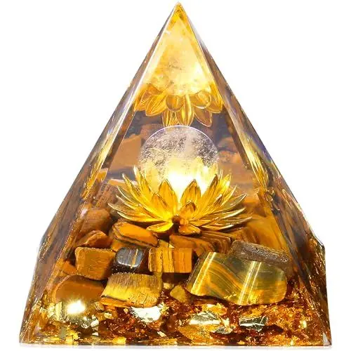 Produktbild: QINJIEJIE Groß Kristall Pyramide Orgonit Pyramide Edelstein Stein Tigerauge Lotus Harz Pyramide Meditation Natürliche Reiki Spirituelle Deko Esoterik Geschenke 6cm