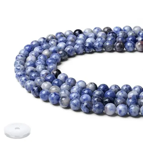 Produktbild: QINJIEJIE Blauweißer Sodalith Perlen 8mm mit Loch Edelstein Perlen Zum Basteln Runde Kristall Beads Blaue 50 Stück Glasperlen Beads für Armbänder Erwachsene DIY Halskette Schmuckherstellung