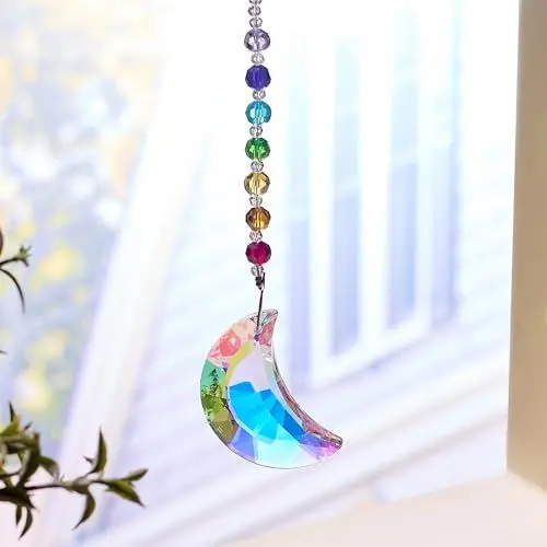 Produktbild: QINJIEJIE Sonnenfänger Kristall Mond Prisma Fensterdeko Hängend Suncatcher Glas Chakra Perlen Sonnenfänger Basteln Kristalle zum Aufhängen AB Suncatcher Regenbogen Fenster Garten Deko
